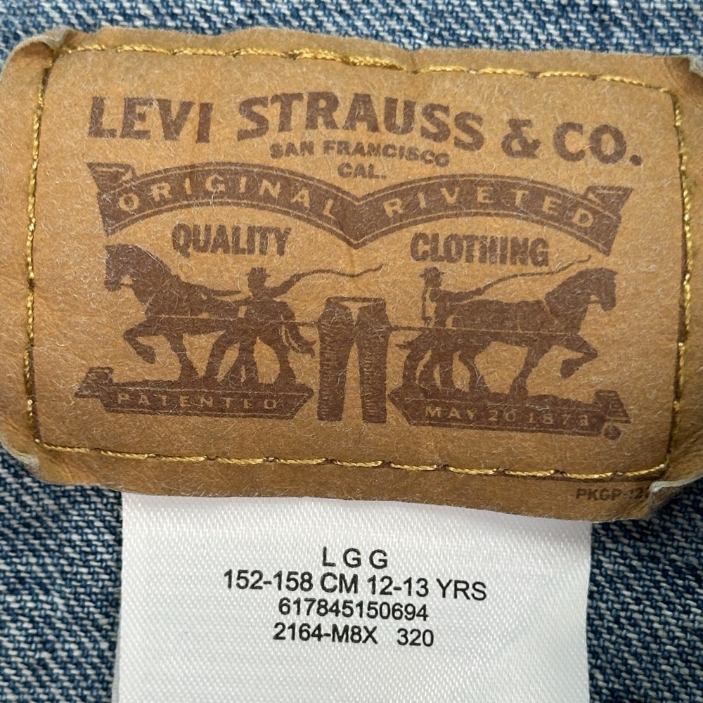 Levis Trucker Jacket Small Child Size Large Blue Denim Button Pockets - Picture 3 of 7